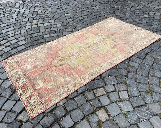 Turkish vintage wool pastel rug, Bohemian area carpet, For bedroom kitchen living room boho home decor | 100 x 206 cm = 3,2 x 6,7 ft