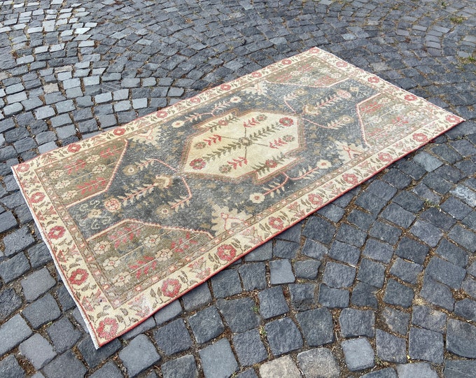 Turkish vintage rug, Handmade wool rug, Bohemian home decor, Gift for mom, Blue rug, Kitchen rug 108 x 199 cm = 3,5 x 6,5 ft