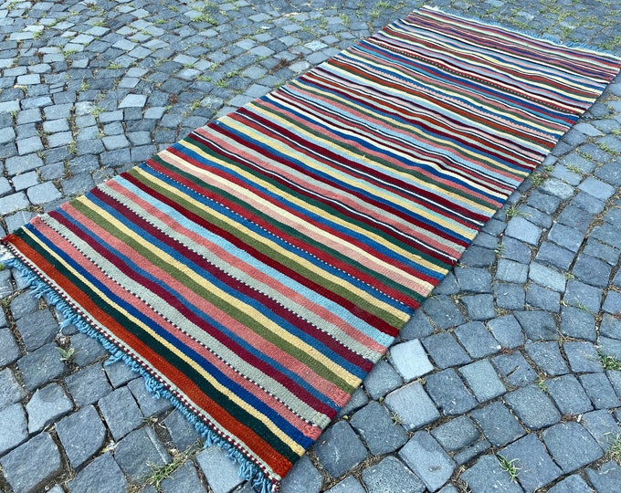 Boho rug, Turkish kilim, Natural dyed rug, Wool rug, Handmade kilim, Carpet, Bohemian kilim,  Runner kilim | 115 x 269 cm = 3,7 x 8,8 ft