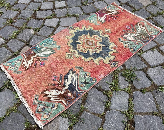 Vintage Turkish Wool Rug, Small Bohemian Doormat 1,4 x 2,8 ft