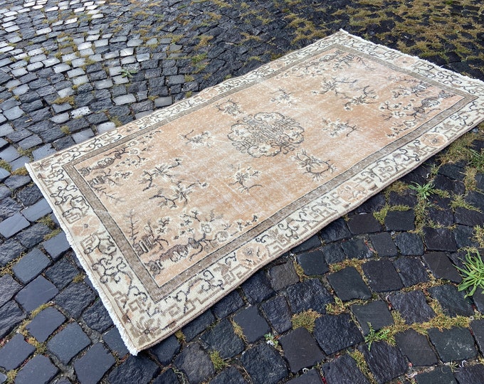 3x6 rug, Handmade wool rug, Turkish area rug, Vintage bohemian rug, Wool carpet, Decor rug | 114 x 204 cm = 3,7 x 6,6 ft