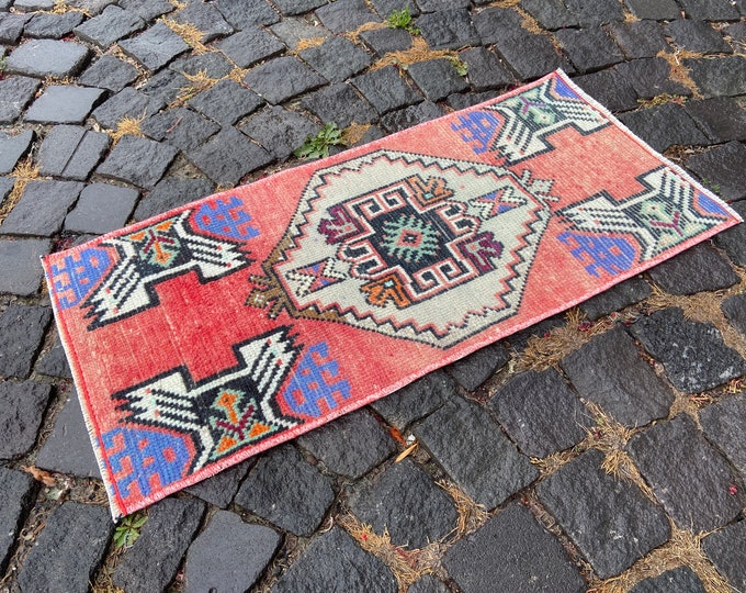 Doormat, Turkish rug, Vintage rug, Small Rug, Home decor, Wool rug, Handmade rug, Carpet | 39 x 85 cm = 1,2 x 2,7 ft
