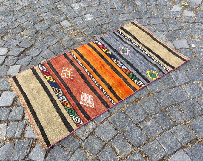 Wool kilim, Handmade rug, Turkish kilim, Vintage kilim, Area kilim, Home decor, Carpet, Kilim 60 x 113 cm = 1,9 x 3,7 ft