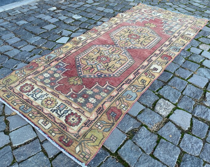 Turkish handmade rug, Bohemian wool rug, Kitchen carpet, Decor rug, Entryway rug | 86 x 197 cm = 2,8 x 6,4 ft