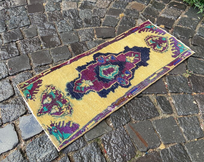 Vintage rug, Turkish small rugs, Handmade wool rug, Carpet, Doormats, Bohemian rug, Ethnic rug, Organic rug | 37 x 85 cm = 1,2 x 2,7 ft