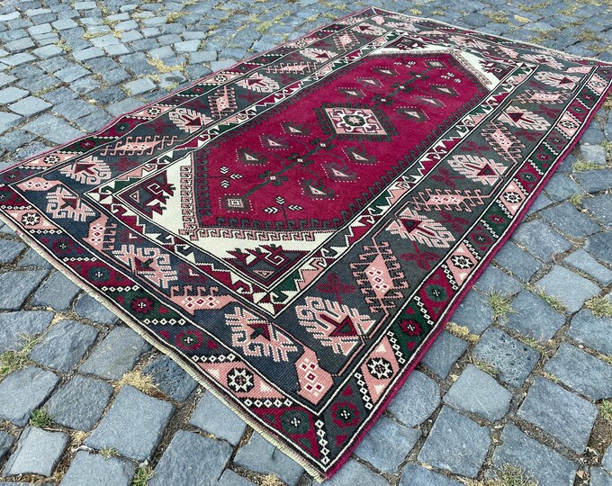 Turkish vintage rug, Bohemian wool rug, Pink rug, Area rug, Oushak rug, Kitchen decor rug 112 x 182 cm = 3,6 x 5,9 ft