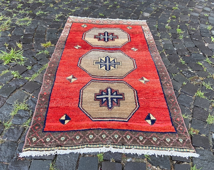 Red Brown Camel Tone 3x5 Vintage Turkish Area Rug Handmade Wool Small Geometric Carpet