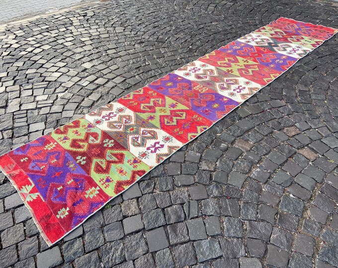 Kilim, Turkish rug, Bohemian rug, Handmade rug, Dining room rug, Vintage rug, Runner rug, Carpet, Ethnic rug | 81 x 395 cm = 2,6 x 12,9 ft