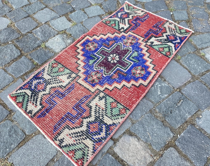 Wool rug, Small rug, Doormat, Vintage rug, Turkish rug, Handmade rug, Carpet, Kilim, Boho decor | 40 x 80 cm = 1,3 x 2,6 ft