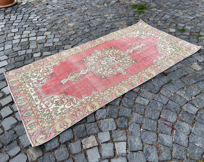 Turkish vintage handmade wool area rug, Purple boho home decor, For living room, bedroom bathroom kitchen carpet 103 x 210 cm = 3,3 x 6,8 ft