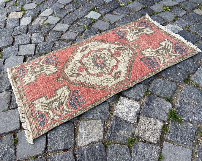 Turkish Small rug, Handmade rug, Wool rug, Doormat, Carpet, Bohemian rug, Home decor rug | 45 x 92 cm = 1,4 x 3,0 ft