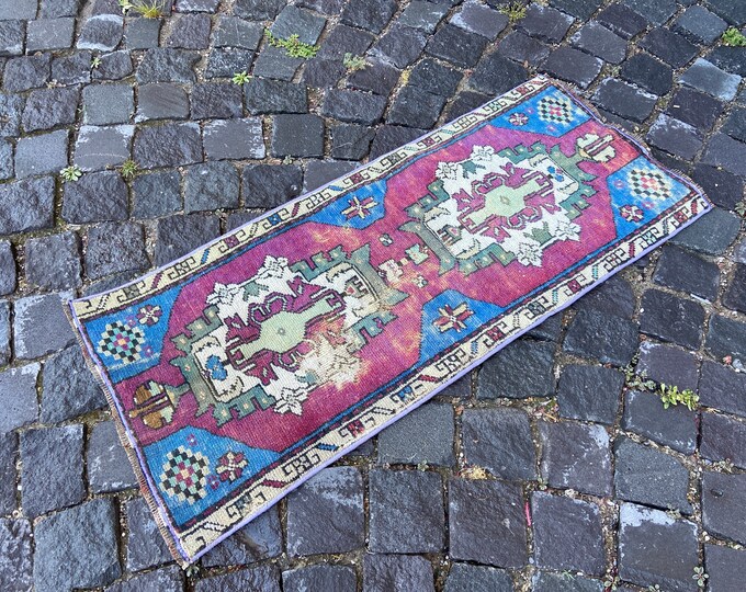 Small Rug, Turkish rug, Vintage rug, Doormat, Home decor, Wool rug, Handmade rug, Carpet, Kilim | 43 x 102 cm = 1,4 x 3,3 ft