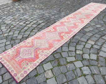 Vintage Turkish Runner Rug, Pink & Beige Distressed Hallway Rug