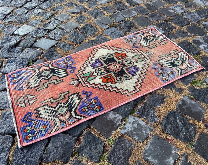 Small rug, Geometric handmade rug, Turkish bohemian rug, Kitchen rug | 40 x 88 cm = 1,3 x 2,8 ft