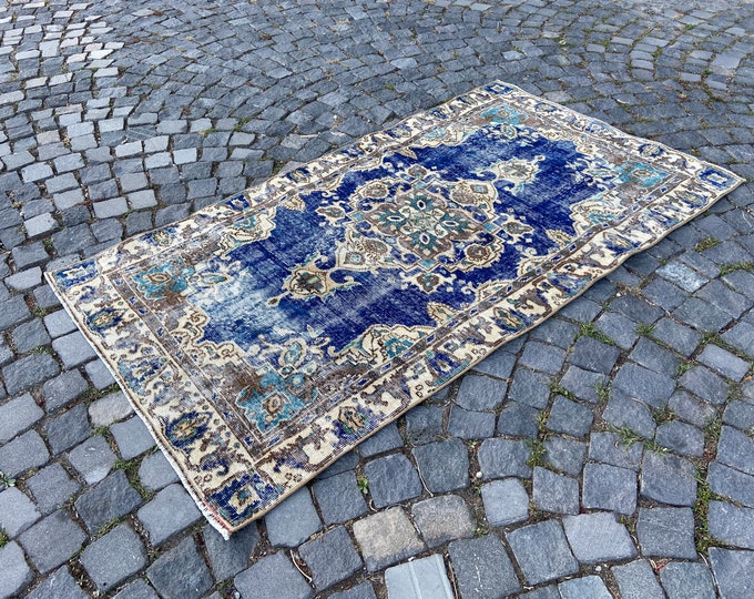 Blue rug, Turkish area rug, Home decor, Vintage wool rug, Handmade carpet, Kilim rug | 106 x 192 cm = 3,4 x 6,2 ft