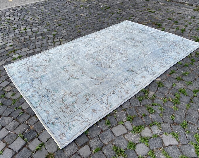 Blue handmade rug, Turkish vintage large rug, Oushak wool rug, Entryway rug, Overdyed rug | 163 x 255 cm = 5,3 x 8,3 ft
