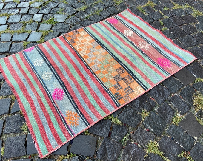 Striped rug, Turkish kilim, Area kilim, Handmade wool rug, Bohemian rug, Vintage rug, Kitchen rug, Ethnic rug | 73 x 110 cm = 2,3 x 3,6 ft