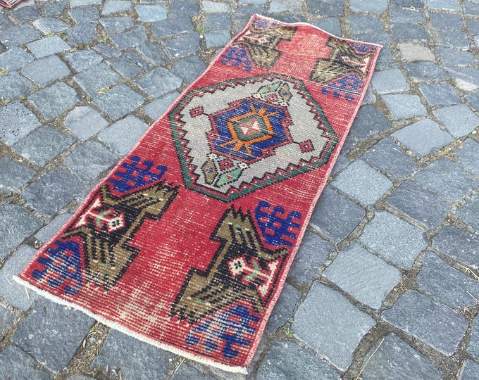 Small Rug, Turkish rug, Vintage rug, Doormat, Home decor, Wool rug, Handmade rug, Carpet, Kilim | 41 x 97 cm = 1,3 x 3,1 ft