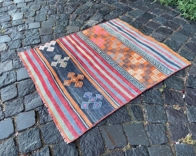 Handmade vintage rug, Striped rug, Bohemian rug, Rug kilim, Turkish rug, Vintage kitchen rug, Home decor | 77 x 90 cm = 2,5 x 2,9 ft