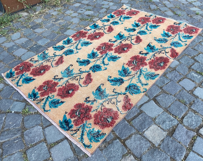 Red, Brown Turkish area rugs, Vintage kitchen rug, Bohemian wool rug, Home decor rug | 97 x 163 cm = 3,1 x 5,3 ft