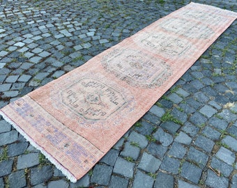 Vintage Turkish Runner Rug, Distressed Pink Hallway Rug, Antique Anatolian Carpet