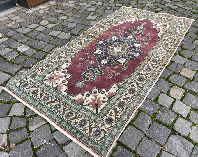 Turkish vintage rug, Bohemian wool rug, Oriental rug, Area rug, Bathroom rug, Decor rug, Carpet 90 x 180 cm = 2,9 x 5,9 ft