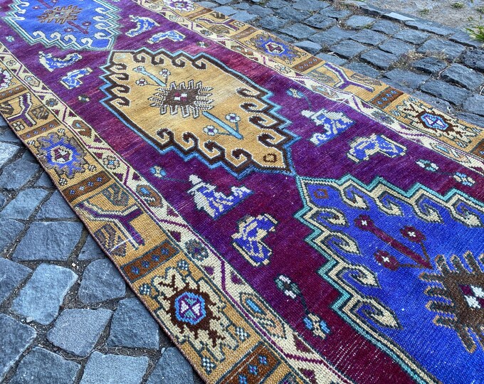 Oushak rug, Turkish vintage rug, Carpet, Bohemian runner rug, Decor rug, Hand-knotted rug | 89 x 327 cm = 2,9 x 10,7 ft