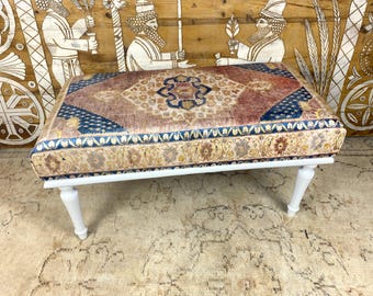 Handmade Turkish Rug Bench, Upholstered Ottoman, Boho Decor