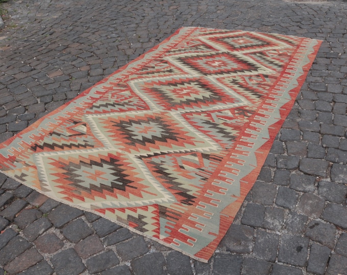 Turkish large Kilim, Turkish kilim rug, Kilim, Vintage kilim, Handmade kilim, Large kilim, Area wool kilim 162 x 289 cm = 5,2 ft x 9,4 ft