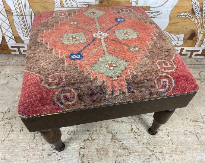 Handmade Ottoman Bench, Us Free Tax, 100% Hand-Woven Rug & Solid Hornbeam Wood, Vintage Turkish Style, Brass Studded, Entryway Seating