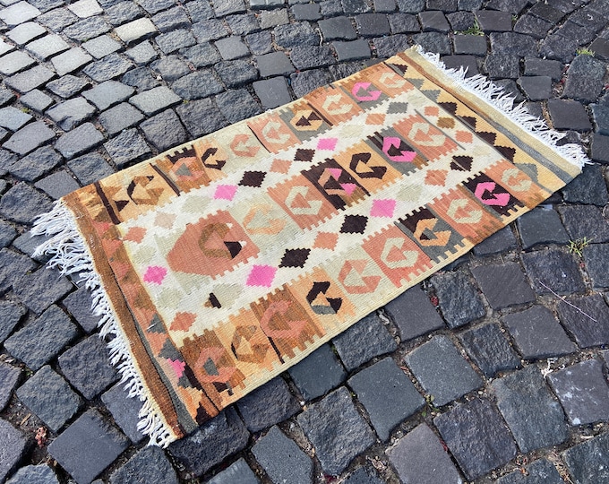 Dining room rug, Bohemian rug, Vintage rug, Area rug, Kilim, Kitchen rug, Entrance rug, Hand woven rug | 62 x 105 cm = 2,0 x 3,4 ft