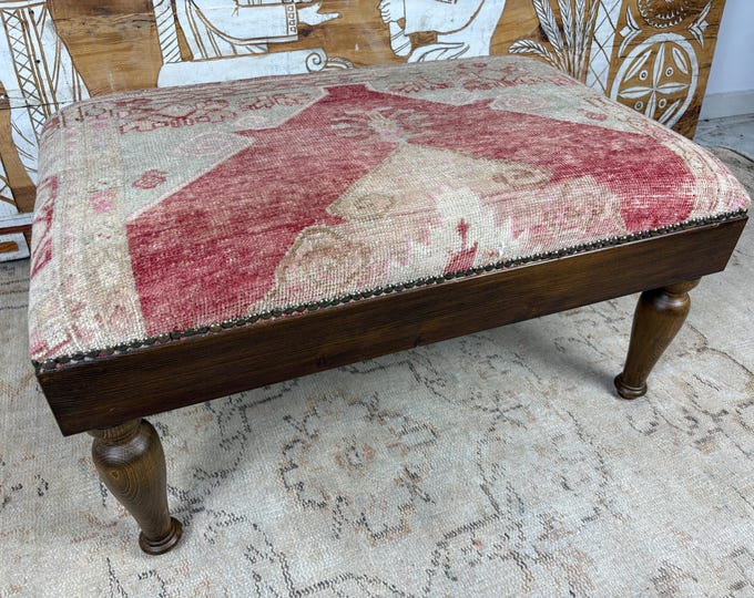 Handmade Ottoman Bench, Us Free Tax, 100% Hand-Woven Rug & Solid Hornbeam Wood, Vintage Turkish Style, Brass Studded, Entryway Seating