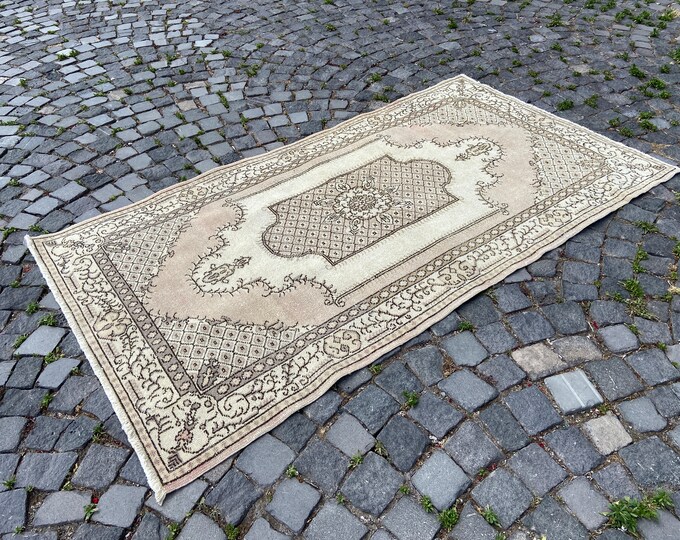 Vintage area rugs, Handmade wool rug, Bohemian carpet, Living room rug, Beige gray rug, Kitchen rug 117 x 211 cm = 3,8 x 6,9 ft