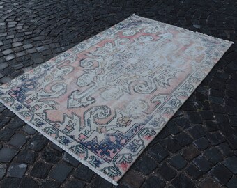 Vintage Turkish Area Rug, Distressed Anatolian Carpet, Small Oushak Rug 2.4 x 4.8 ft