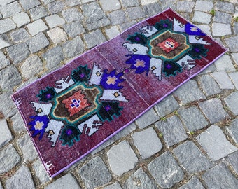 Handmade Turkish rug, Vintage  small rug, Doormat, Wool carpet, Kilim rug, Bathroom decor 43 x 94 cm = 1,4 x 3,0 ft