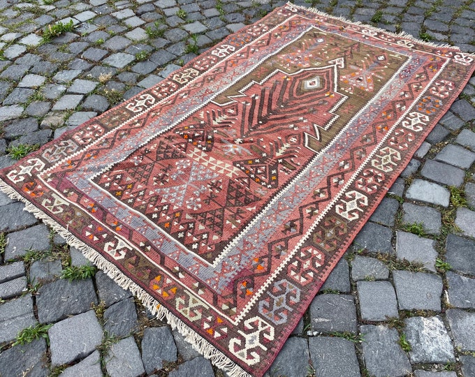 Turkish kilim, Area kilim, Vintage rug, Wool rug, Handmade rug, Bohemian rug, Carpet, Anatolian rug, Decor rug | 100 x 166 cm = 3,2 x 5,4 ft