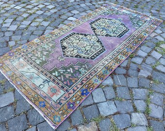 Vintage Turkish Rug, Small Oushak, 2x4 Entry Doormat, Bohemian Bath, Lilac Rug
