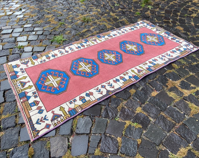 Pink area rug, Turkish vintage rug, Wool handmade rug, Carpet, Kilim, Decor rug, Bohemian area rugs | 83 x 173 cm = 2,7 x 5,6 ft