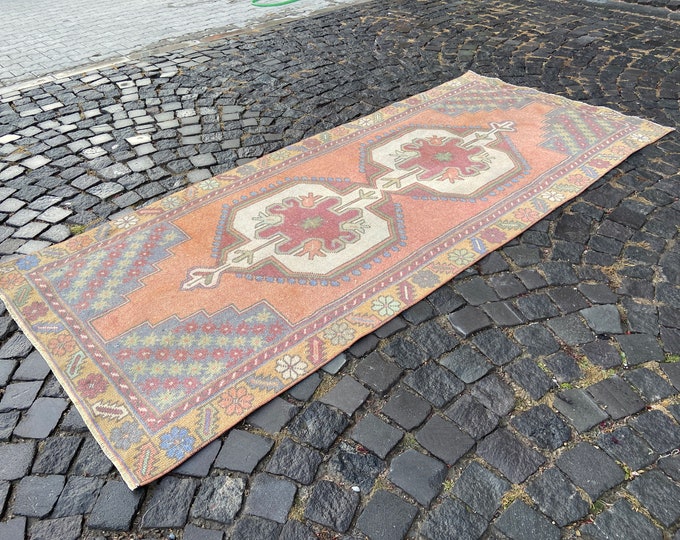 Bohemian wool rug, Turkish vintage rug, Entryway area rug, Kitchen rug, Home decor, Red rug | 114 x 265 cm = 3,7 x 8,6 ft