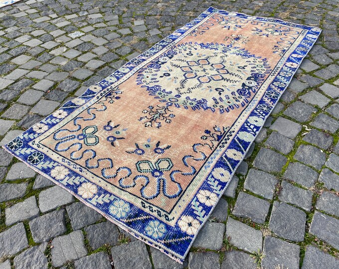 Turkish vintage handmade wool area rug, Pastel boho home decor, For living room, bedroom bathroom kitchen carpet  84 x 180 cm = 2,7 x 5,9 ft