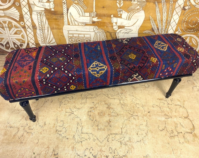 Tax Free Handmade Kilim Bench Ottoman: Bohemian Upholstered Bench