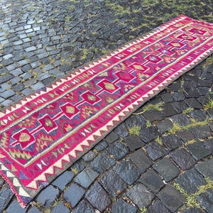 Vintage kilim, Turkish kilim, Handmade kilim, Wool kilim, Bohemian rug, Home decor, Turkish rug | 118 x 264 cm = 3,8 x 8,6 ft