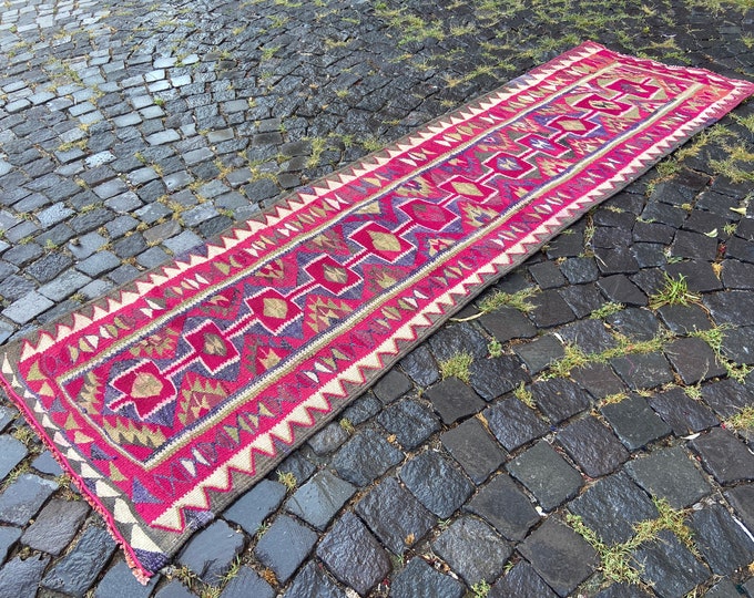 Vintage kilim, Turkish kilim, Handmade kilim, Wool kilim, Bohemian rug, Home decor, Turkish rug | 118 x 264 cm = 3,8 x 8,6 ft