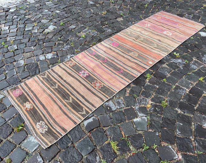 Striped rug, Handmade rug, Turkish kilim, Runner kilim, Wool rug, Natural dyed rug, Kitchen rug, Carpet  | 73 x 250 cm = 2,3 x 8,2 ft