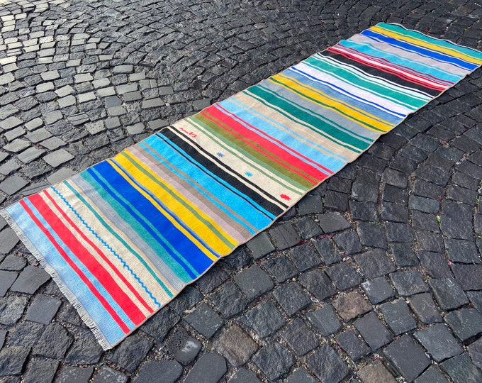 Vintage kilim, Anatolian rug, Bohemian rug, Kilim, Carpet, Handmade rug, Kitchen rug, Boho rug, Interior Décor | 83 x 280 cm = 2,7 x 9,1 ft