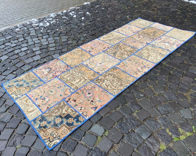 Patchwork rug, Turkish rug, Vintage rug, Runner Rug, Hallway rug, Wool rug, Handmade rug, Carpet, Kilim | 110 x 270 cm = 3,6 x 8,8 ft