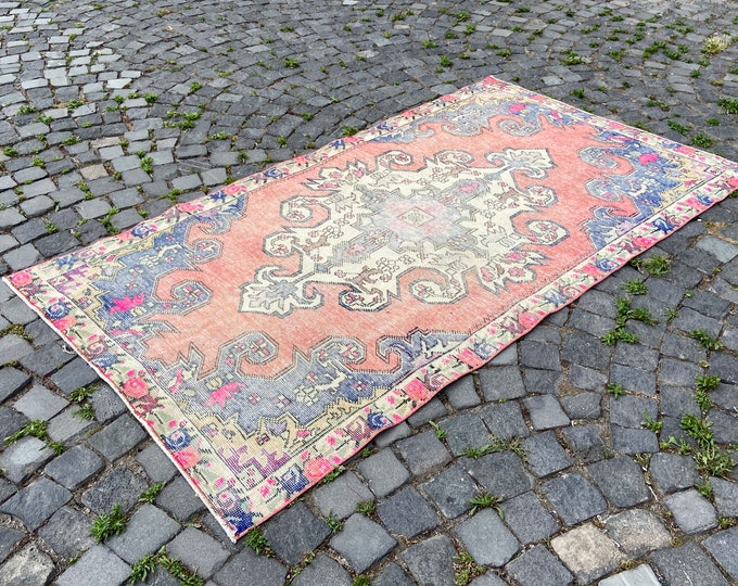 Kitchen wool rug, Vintage handmade rug, Turkish bohemian rug, Geometrik decor carpet 122 x 219 cm = 4,0 x 7,1 ft
