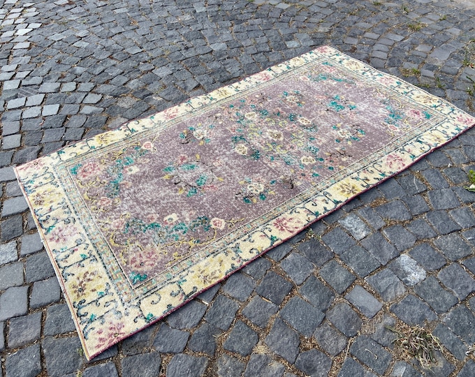 Turkish vintage rug, Handmade wool rug, Bohemian home decor, Gift for mom, Purple rug, Kitchen rug 108 x 203 cm = 3,5 x 6,6 ft