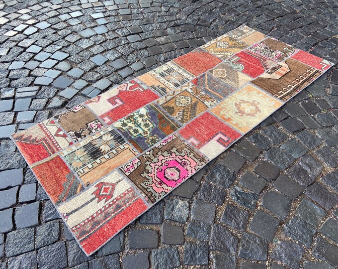 Patchwork rug, Bohemian rug, Area Rug, Turkish rug, Home decor, Vintage rug, Wool rug, Handmade rug, Carpet | 2.6 x 6.5 ft = 80 x 200 cm