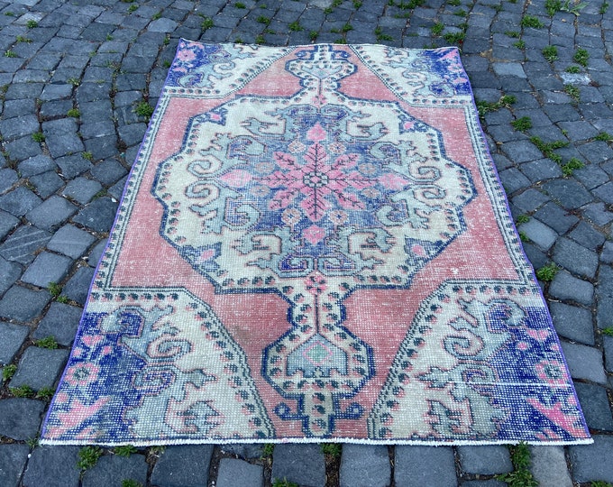 3x5 Faded Pink Blue Cream Tone 3x5 Vintage Turkish Area Rug Handmade Wool Geometric Carpet
